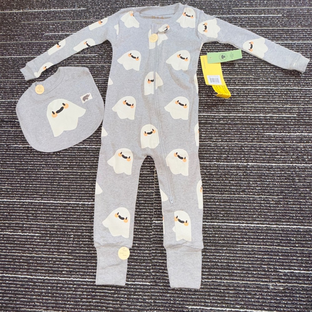 Monica + Andy Ghost Coverall Bib Set Kids 18-24M NEW Organic Cotton Gray Pajamas